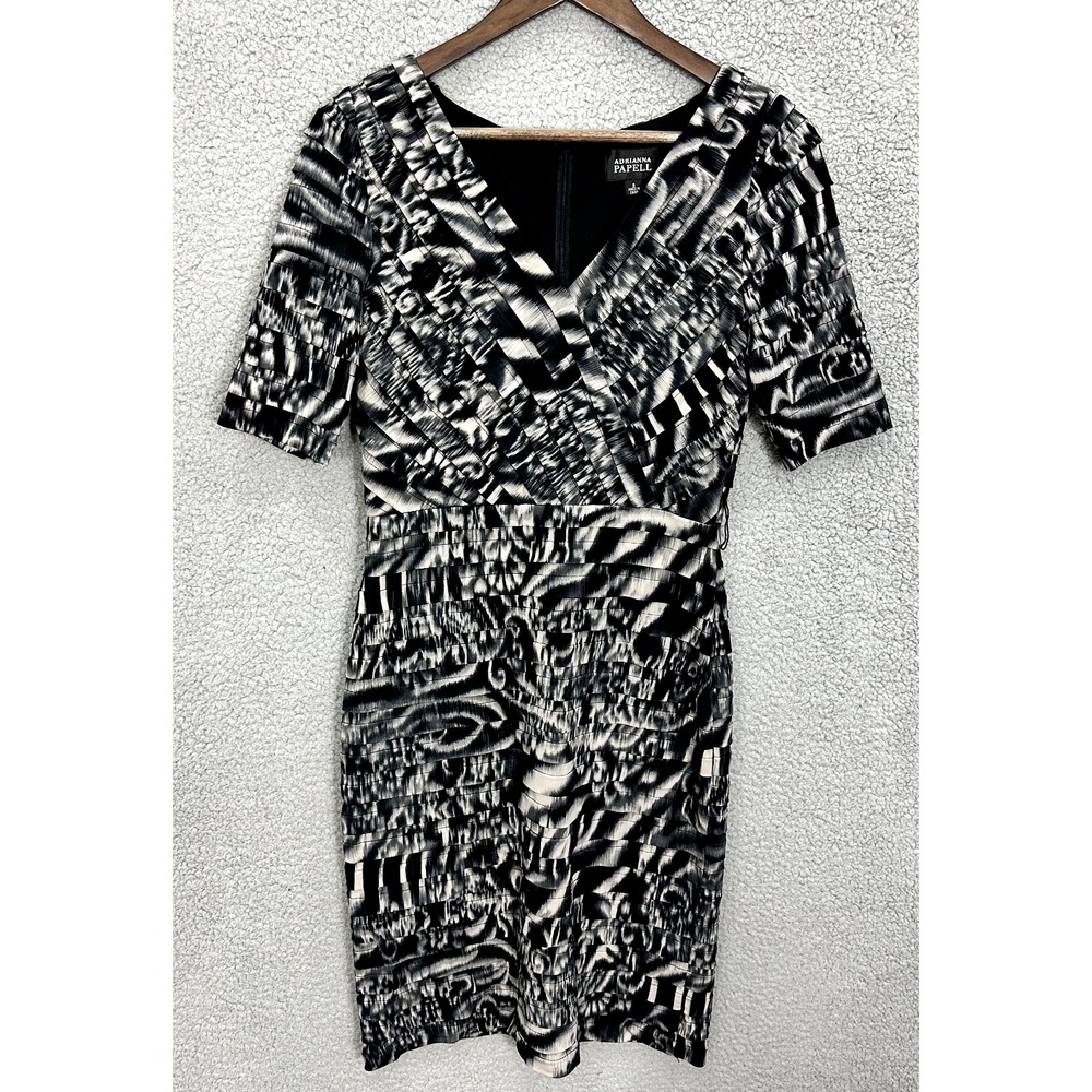 Adrianna Papell Jersey Pencil Dress Womens 8‎ Black White Abstract Half Sleeve
